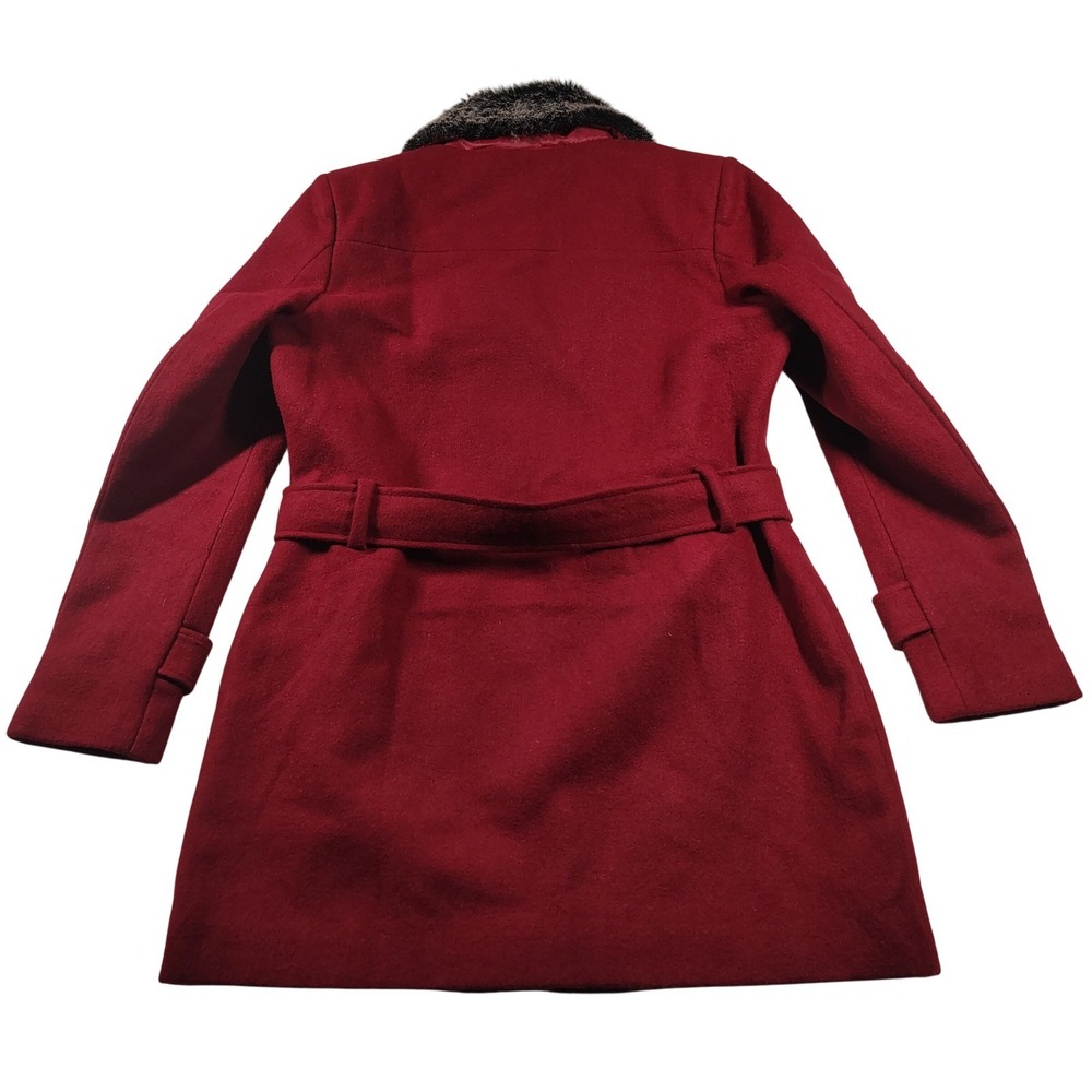 DTSARF Womens Red Wool Blend Belted Trench Coat Faux Fur Collar Burgundy 9400863 - Picture 9 of 11